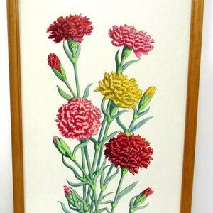Carnations Water Color Painting Wood Frame 12"x7" Dietershagen Germany Vintage